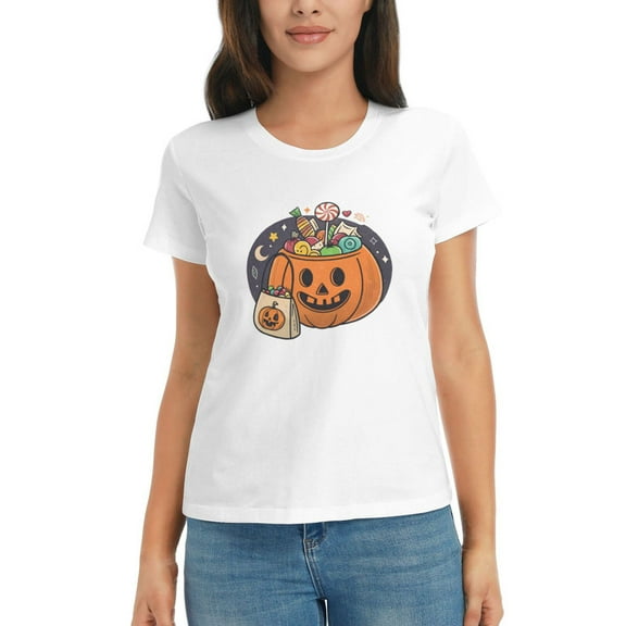 Women Halloween Cotton T Shirt Fall Funny Short Sleeve Soft Graphic Crewneck Thanksgiving Tops S-3XL