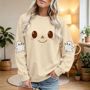Women Halloween Crewneck Sweatshirt, JIANLAI Cute Jack O Lantern Pumpkin Face & Ghost Graphic Long Sleeve Pullover, Oversized Round Neck Fall Winter Casual Tops