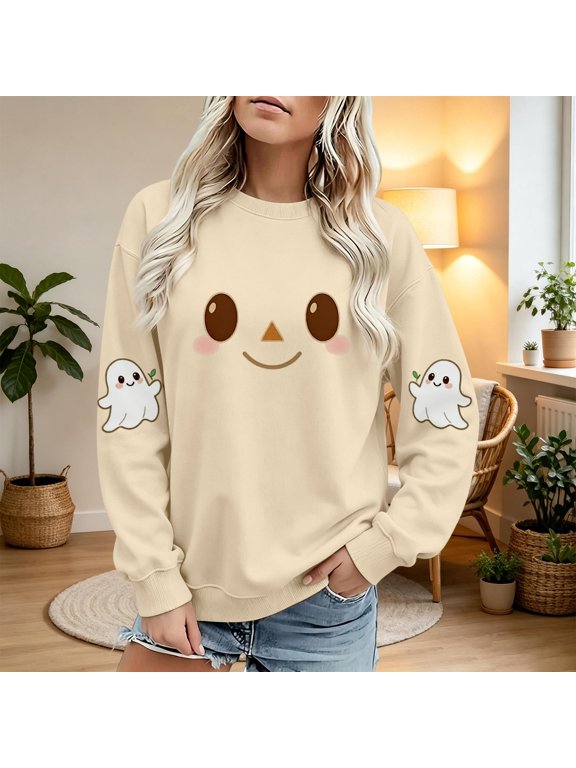 Women Halloween Crewneck Sweatshirt, JIANLAI Cute Jack‑O‑Lantern Pumpkin Face & Ghost Graphic Long Sleeve Pullover, Oversized Round Neck Fall Winter Casual Tops