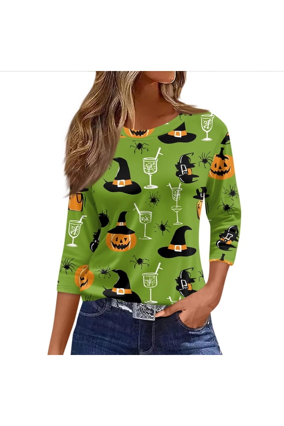Women Halloween Crewneck T-Shirt 3/4 Sleeve Tops Witch Pumpkin Graphic Loose Fit Tees for Halloween Party Wear
