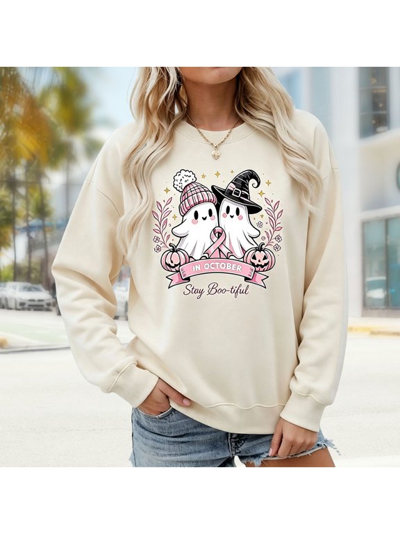 Women Halloween Cute Ghost Graphic Sweatshirt JIANLAI In October Stay Boo‑tiful Letter Print Crew Neck Long Sleeve Casual Fall Pullover Tops
