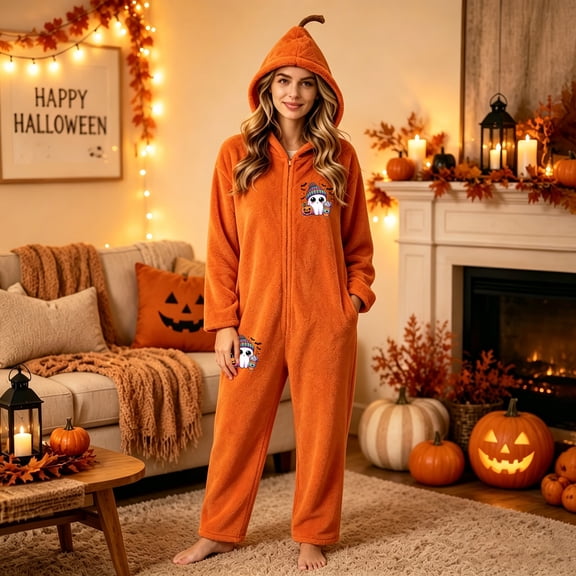 Women Halloween Cute Ghost Pumpkin Graphic Flannel Hooded One Piece Jumpsuit Zip Front Oversized Cosplay Costume With Side Pockets Brown L