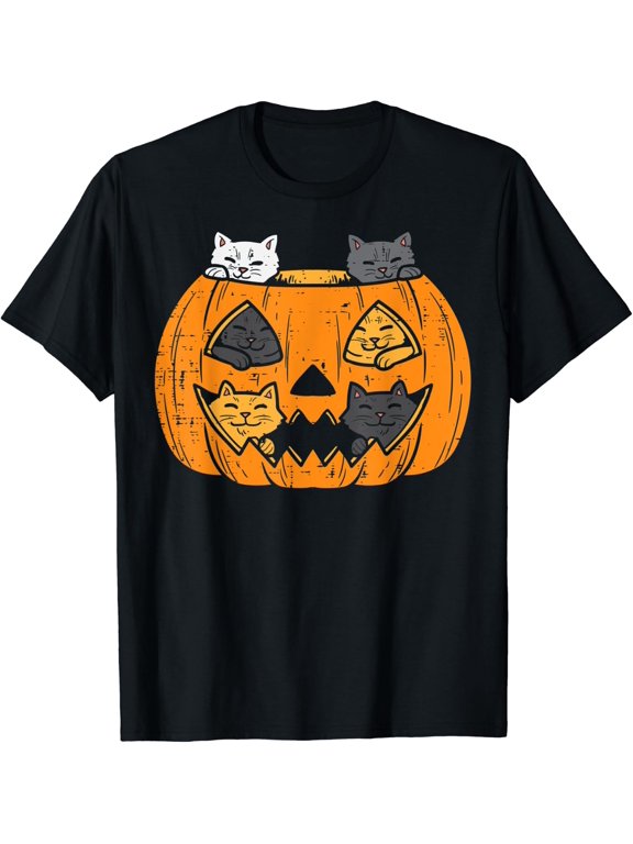 Women Halloween Cute Pumpkin Jack Lantern Cats Kitten Holiday T-Shirt, Size S-5XL