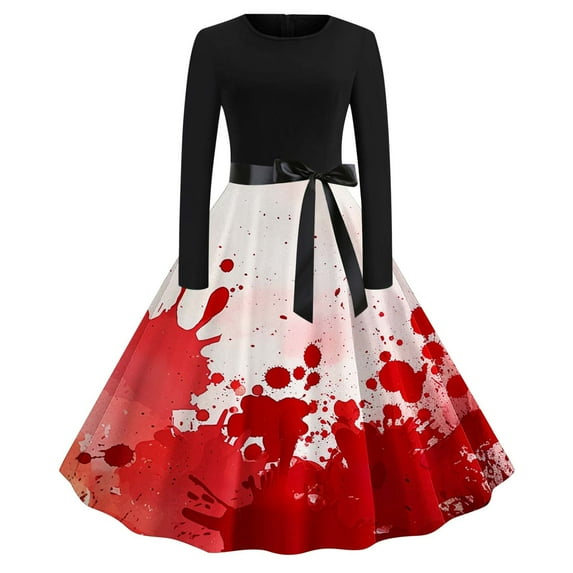 Women Halloween Dress Bloody Print Crew Neck Long Sleeve Retro A Line Dresses 2024 Fall Cocktail Party Dress with Belt