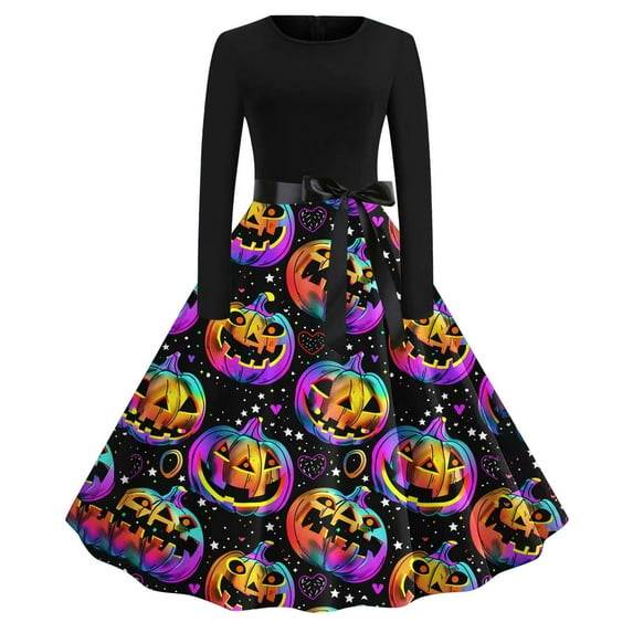 Women Halloween Dress Bloody Print Crew Neck Long Sleeve Retro A Line Dresses 2024 Fall Cocktail Party Dress with Belt
