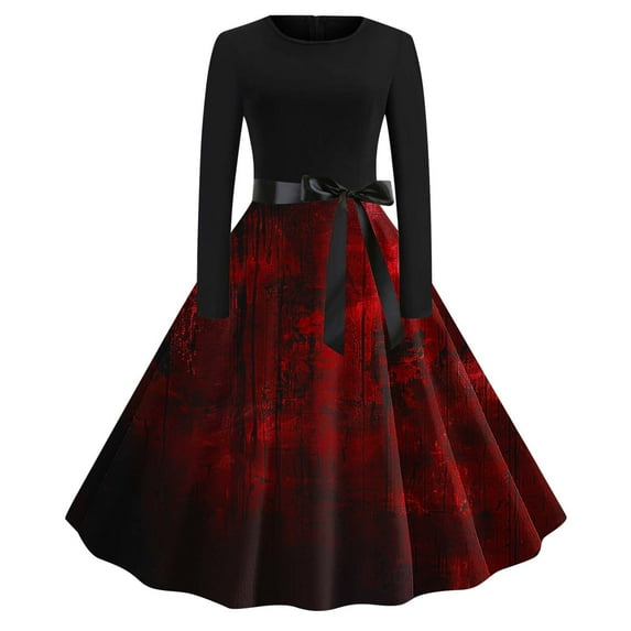 Women Halloween Dress Bloody Print Crew Neck Long Sleeve Retro A Line Dresses 2024 Fall Cocktail Party Dress with Belt