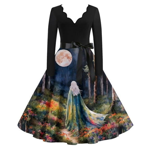 Women Halloween Dress Bloody Print V-Neck Long Sleeve Retro A Line Dresses 2024 Fall Cocktail Party Dress with Belt 02-Dark Blue XL