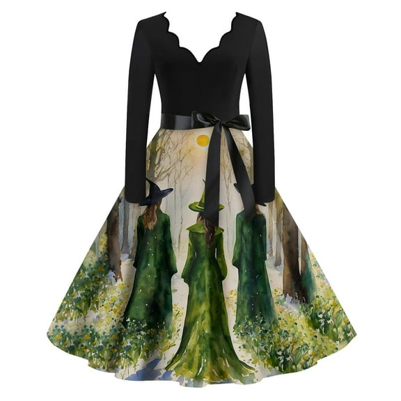 Women Halloween Dress Bloody Print V-Neck Long Sleeve Retro A Line Dresses 2024 Fall Cocktail Party Dress with Belt 03-Green S