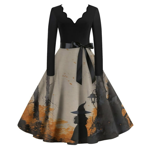 Women Halloween Dress Bloody Print V-Neck Long Sleeve Retro A Line Dresses 2024 Fall Cocktail Party Dress with Belt 04-Khaki XL