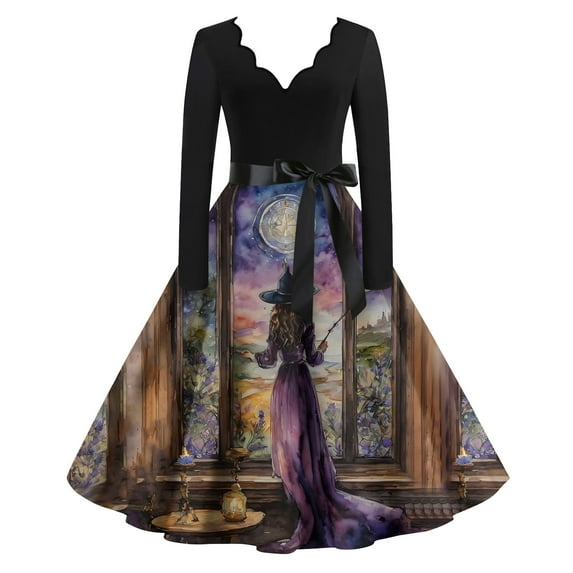 Women Halloween Dress Bloody Print V-Neck Long Sleeve Retro A Line Dresses 2024 Fall Cocktail Party Dress with Belt 08-Purple XXL