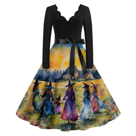 Women Halloween Dress Bloody Print V-Neck Long Sleeve Retro A Line Dresses 2024 Fall Cocktail Party Dress with Belt 09-Saffron L