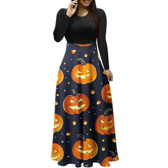Women Halloween Dress Long Sleeve Maxi Long Dress Pumpkin Print A Line Dresses Trendy Clothes Outfits 2025