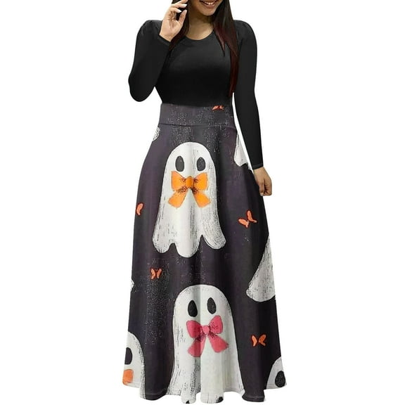 Women Halloween Dress Long Sleeve Maxi Long Dress Pumpkin Print A Line Dresses Trendy Clothes Outfits 2025