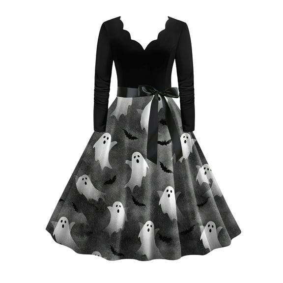 Women Halloween Dress Pumpkin Print V-Neck Long Sleeve Retro A Line Dresses 2025 Fall Cocktail Party Dress with Belt