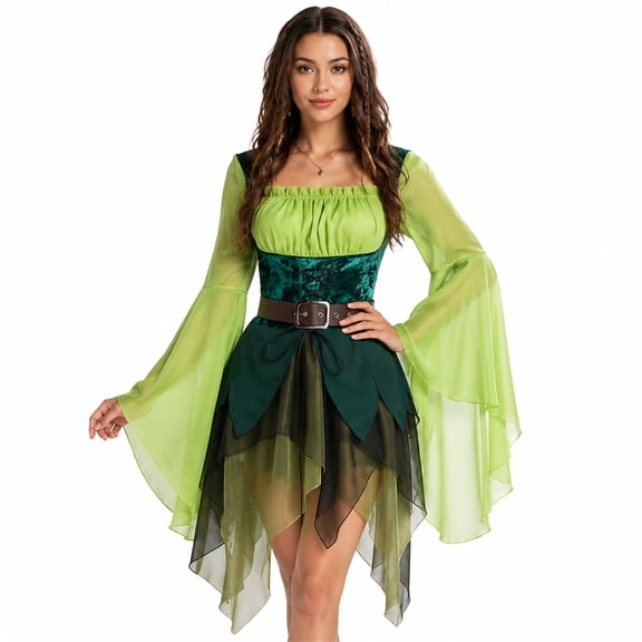 Women Halloween Fairy Costume Dress with Belt Woodland Pixie Elf Cosplay Outfit Renaissance Festival Fancy Dress Up