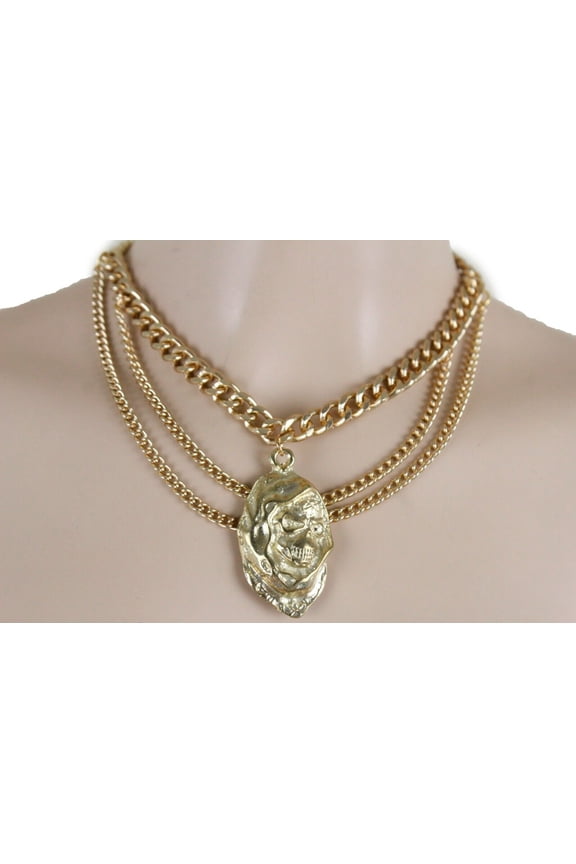 Women Halloween Fashion Jewelry Gold Skull Necklace Skeleton Devil Pendant Death
