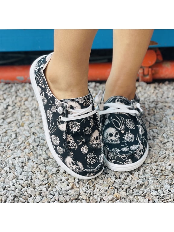 Women Halloween Flat Canvas Shoes Lace Up Ghost Pumpkin Prints Loafers Soft Knitted Breathable Comfortable Walking Casual Dress Sneakers for Party 162,Dark Gray 38(US-6.5)