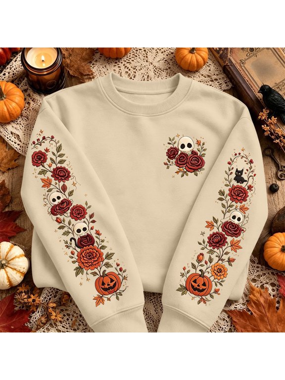 Women Halloween Floral Graphic Sweatshirt JIANLAI Crew Neck Long Sleeve Moon Rose Leaf Print Pullover Casual Autumn Fall Holiday Tops
