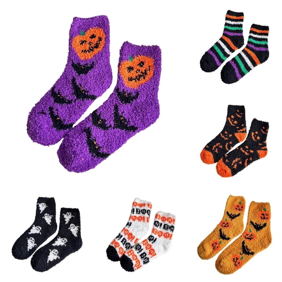 Women Halloween Fuzzy Crew Socks, Fall Winter Thick Cozy Coral Home Slipper Socks, Cute Pumpkin Bat Ghost Print Nonâ Sleep Floor Socks for Indoor
