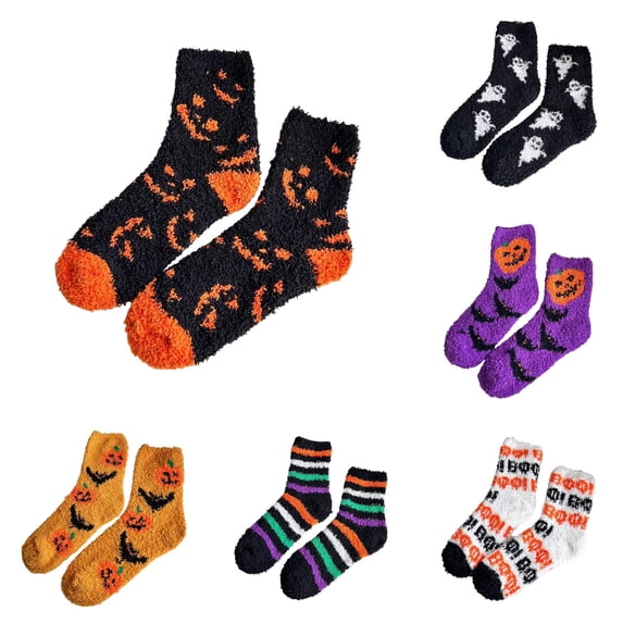 Women Halloween Fuzzy Crew Socks, Fall Winter Thick Cozy Coral Home Slipper Socks, Cute Pumpkin Bat Ghost Print Nonâ Sleep Floor Socks for Indoor