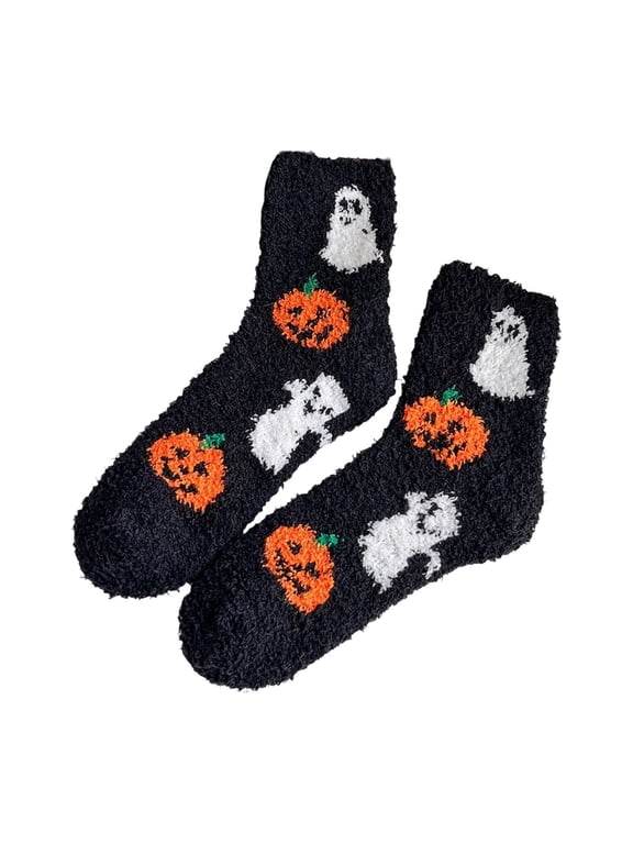 Women Halloween Fuzzy Socks Pumpkin Thick Cozy Sleep Crew Socks Cute Home Winter Calf Socks