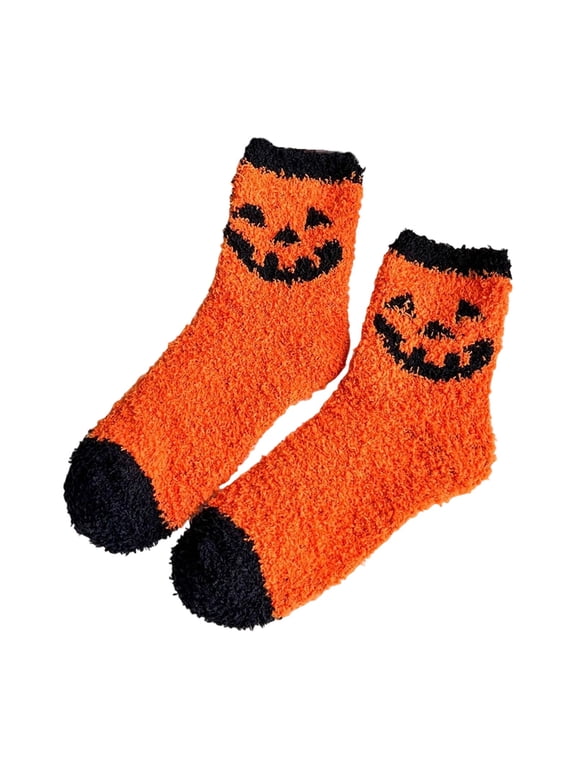 Women Halloween Fuzzy Socks Pumpkin Thick Cozy Sleep Crew Socks Cute Home Winter Calf Socks
