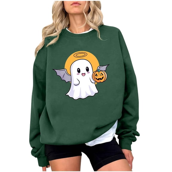 Women Halloween Ghost Angel Sweatshirt Cute Spooky Pumpkin Pullover Top Fall Long Sleeve Crewneck Clothes