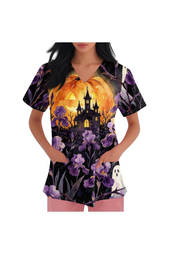 Women Halloween Ghost Bat Pumpkin Scrub Top, Lightweight Stretchy Breathable Nurse Uniform with Storage Pockets, V Neck Short Sleeve Medical T-Shirt for Clinic Vet Hospital 02-Sky Blue L