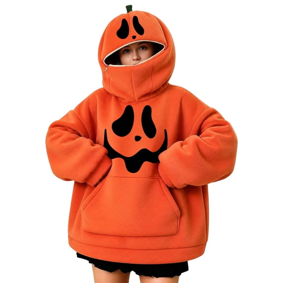 Women Halloween Ghost Face Pumpkin Hoodie Full Zip Cosplay Loose Pullover Sweatshirt Top