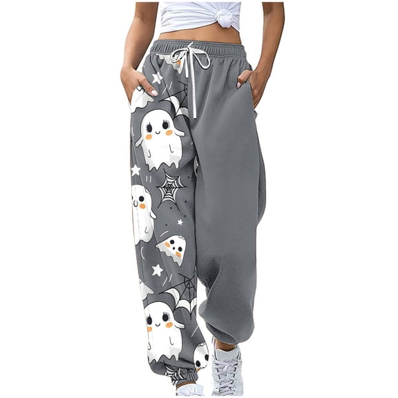 Women Halloween Ghost Print Casual Bottom Elastic Drawstring Waist Side Pocket Trousers Spider Web Star Holiday Sweatpants Loose Jogger Relaxed Pant
