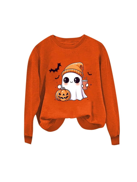 Women Halloween Ghost Pumpkin Casual Blouse, Cute Bat Graphic Loose Drop Shoulder Top, Crew Neck Long Sleeve Curved Hem Tunic, Trick Or Treat Holiday Relaxed Sweatshirt