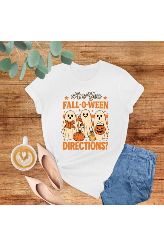Women Halloween Ghost Teacher T Shirt Are You Fall O Ween Directions Graphic Tee Short Sleeve Round Neck White S-5XL