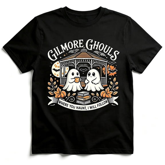 Women Halloween Gilmore Ghouls Ghost Graphic Black Crew Neck Short Sleeve Oversized Casual T-Shirt