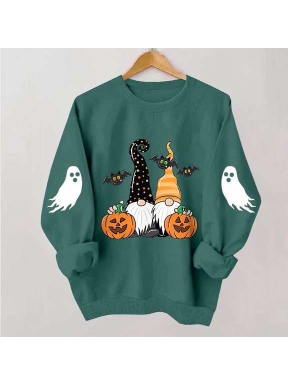 Women Halloween Gnome Crewneck Sweatshirt, JIANLAI Cute Gnomes Pumpkin Bat Ghost Sleeve Print Long Sleeve Loose Casual Pullover Top For Fall Holiday Daily Wear