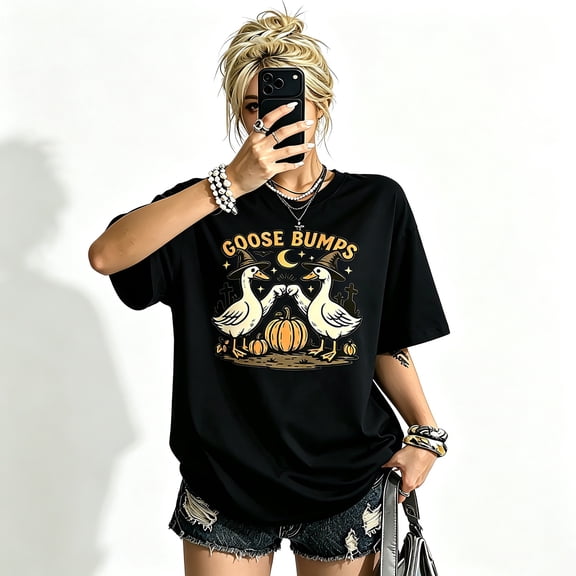 Women Halloween Goose Bumps Witch Hat Goose Graphic Black Crew Neck Short Sleeve Oversized Casual T-Shirt