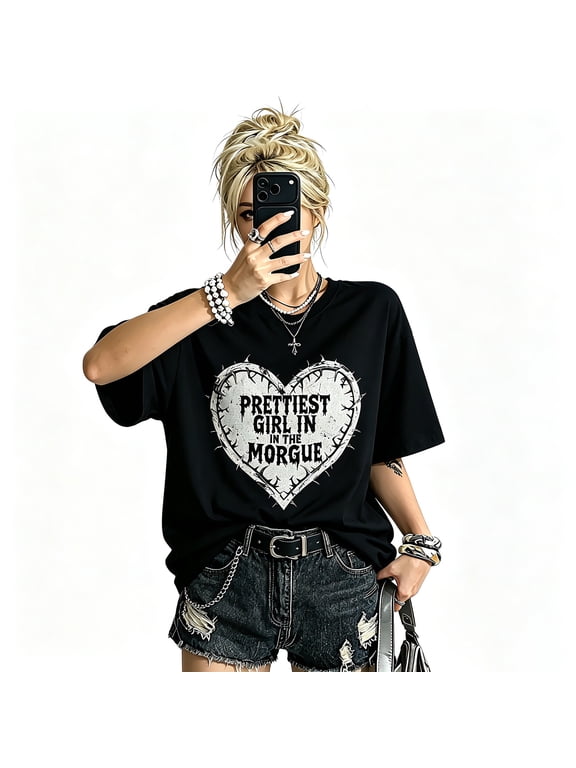 Women Halloween Gothic Heart Graphic Black Crew Neck Short Sleeve Oversized Casual T-Shirt