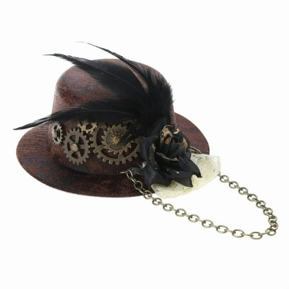 Women Halloween Gothic Mini Top Hat Steampunk Gears Chain Feather Flower Fascinator Hair Clip Victorian Cosplay Costume