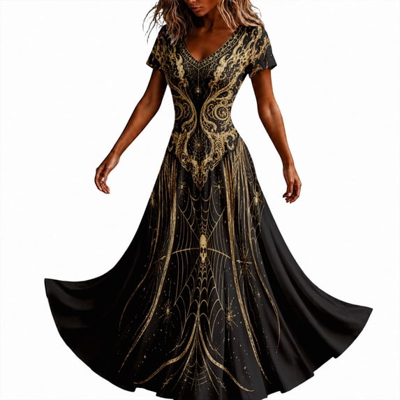 Women Halloween Gothic Style Long Maxi Dress, Short Sleeve V‑Neck Graphic Print Flowy Dress for Theme Night Party & Get‑Togethers