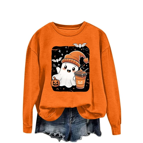 Women Halloween Hooded Sweatshirt Pumpkin Cute Ghost Graphic Shirts Fall Long Sleeve Pullover Tops