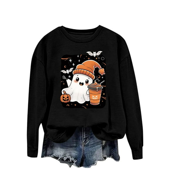 Women Halloween Hooded Sweatshirt Pumpkin Cute Ghost Graphic Shirts Fall Long Sleeve Pullover Tops