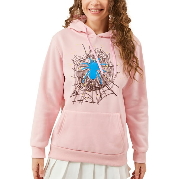 Women Halloween Hoodie, Long Sleeve Hooded Cobweb Spider Print Pullover Fall Tops with Pocket