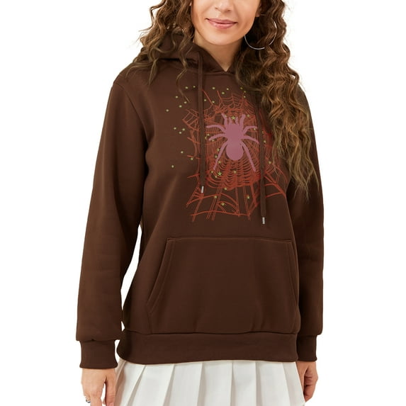 Women Halloween Hoodie, Long Sleeve Hooded Cobweb Spider Print Pullover Fall Tops with Pocket