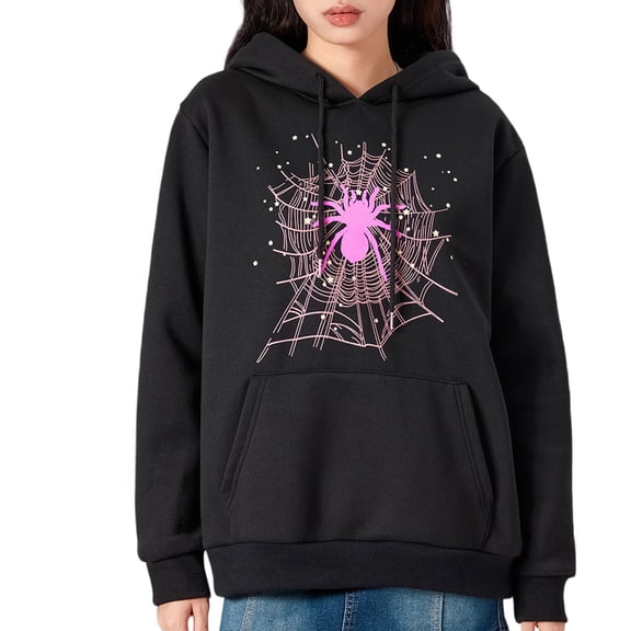 Women Halloween Hoodie, Long Sleeve Hooded Cobweb Spider Print Pullover Fall Tops with Pocket