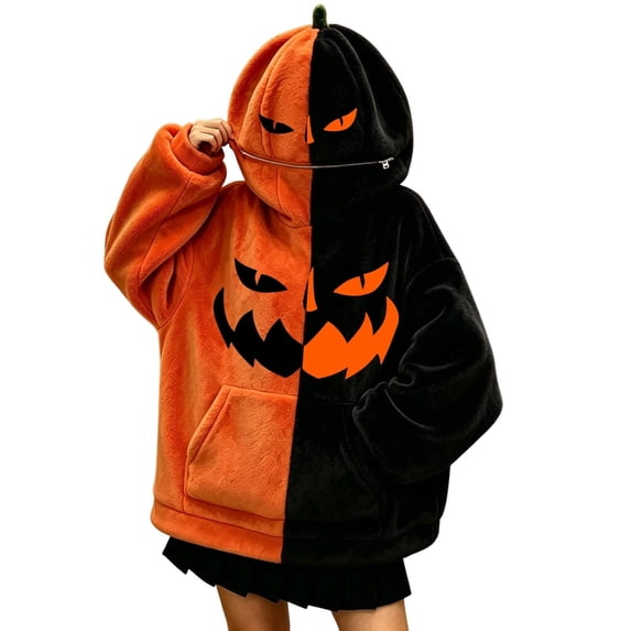 Women Halloween Hoodies Oversized Flannel Pumpkin Long Sleeve Sweatshirts with Pockets Devil Expression Printing Funny Halloween Costumes