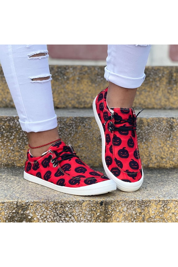 Women Halloween Lace Up Sneakers Pumpkin Print Canvas Shoes Casual Flat Walking Loafers,Comfortable Breathable Lightweight Non Slip Footwear,Spooky Jack O Lantern Festival Gift Daily Wear