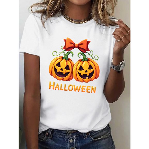 Women Halloween Lantern Tee Pumpkin Bat Design T Shirt Smiling Frowning Face Graphic Tees Casual Tops White S-5XL