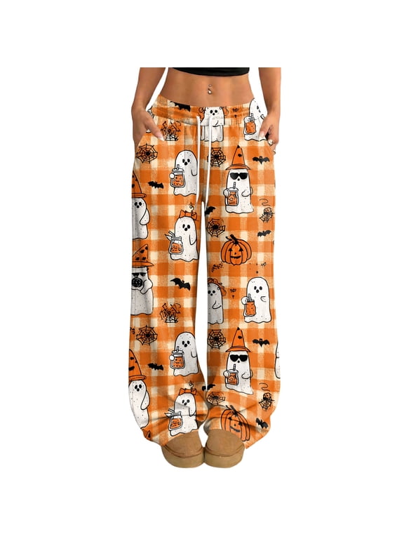 Women Halloween Lounge Pants Ghost Flannel Sleepwear Pajamas Warm Fleece Pajama Skull Bat Flower Loungewear