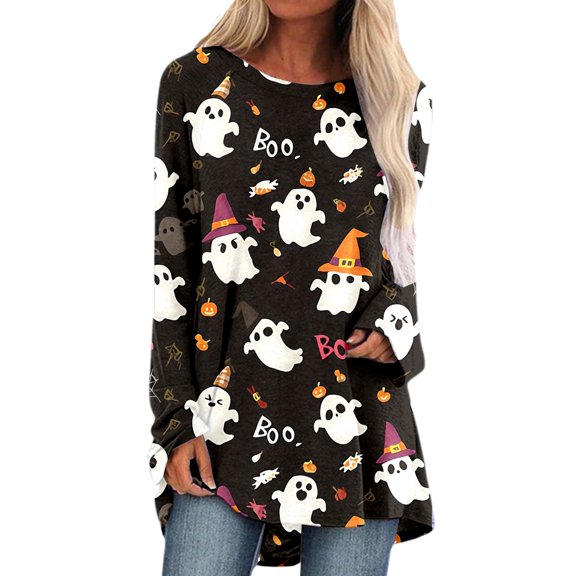 Women Halloween Magic Potion Print Long Sleeve T Shirt Crew Neck Slouchy Fit Autumn Winter Spooky Holiday Tee Top
