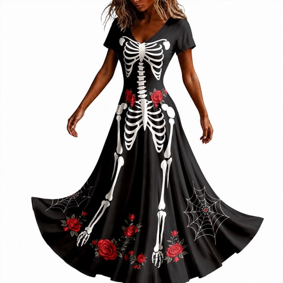 Women Halloween Maxi Dresses Gothic V‑Neck Short Sleeve Print Long Flowy Dress Funny Party Costume Gown