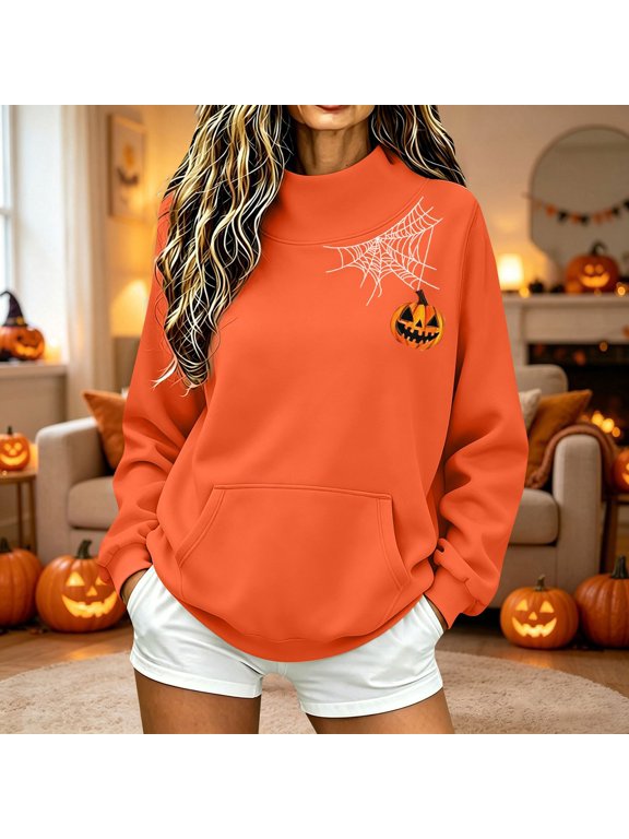 Women Halloween Mock Neck Sweatshirt, JIANLAI Spider Web Pumpkin Jack‑o‑Lantern Graphic Long Sleeve Pullover Top With Front Pocket